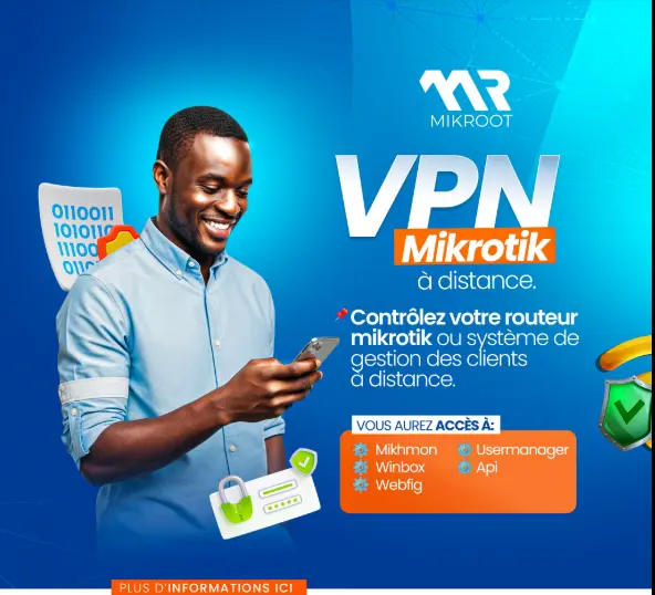 alt=&#34;Homme souriant utilisant son smartphone pour un accès VPN sécurisé à son routeur Mikrotik à distance, symbolisant le contrôle réseau pour les entreprises à Lomé.&#34;